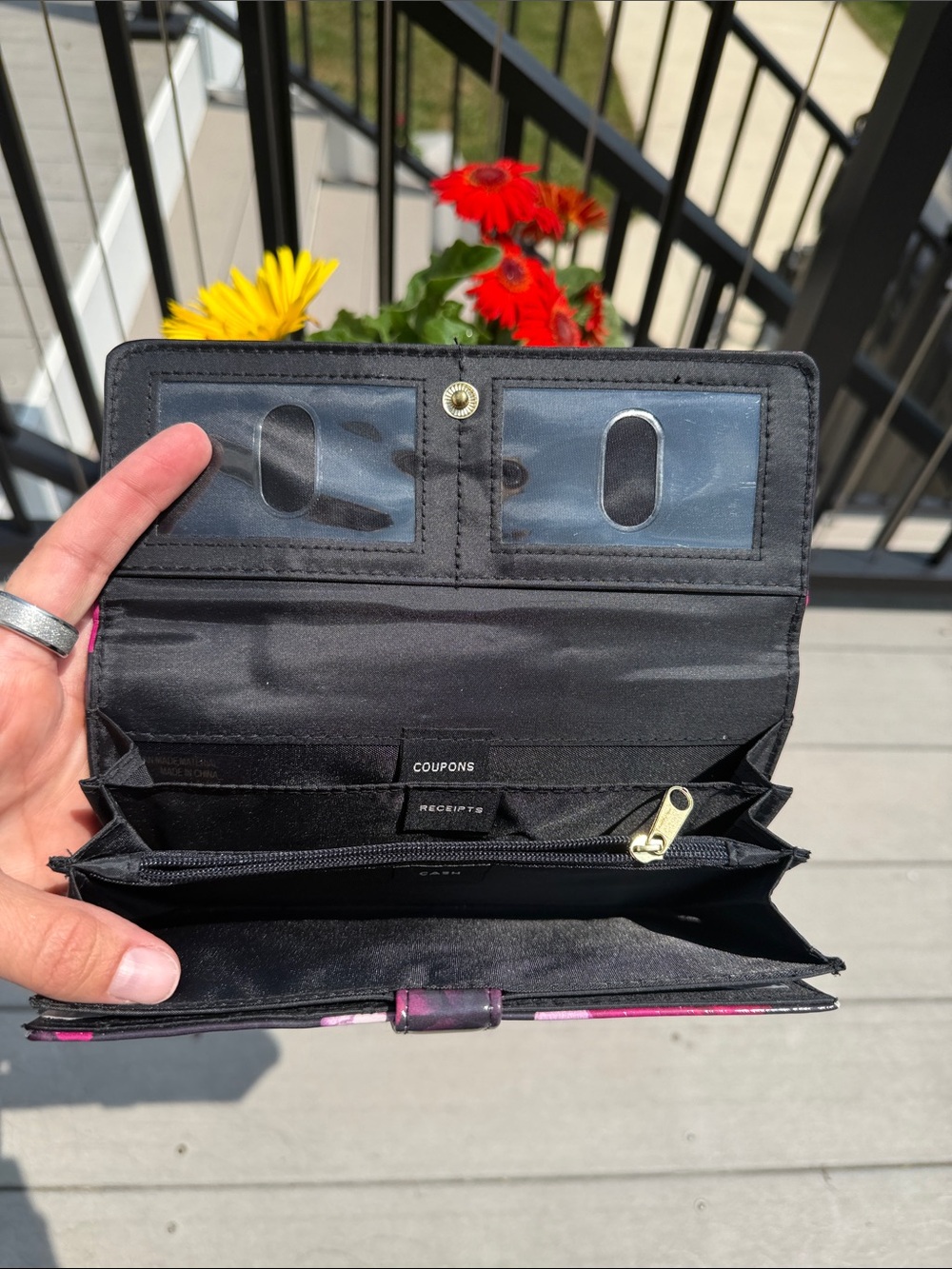 Floral Patent Faux Leather Wallet with Pink & Black Bloom with two bag charms! - Picture 5 of 5